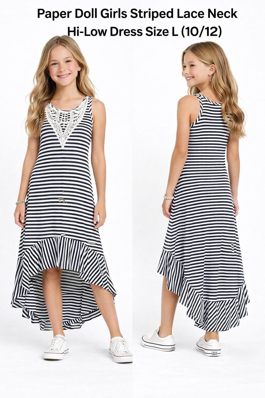 Paper Doll Girls Black White Striped Lace Neck Hi-Low Maxi Dress Size 10